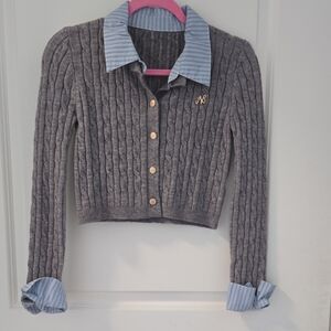 Gray Cable Knit Sweater with Blue Accents